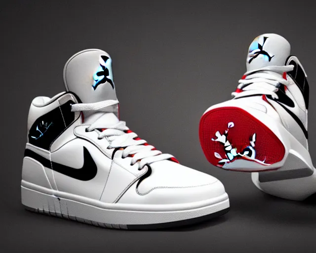 Image similar to 3D render of mid height air jordan sneakers with joker design, cinematic, studio lighting, award winning