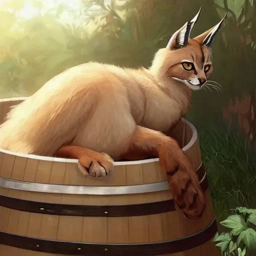 Image similar to a digital art of cute fluffy caracal near a wooden barrel lying at the side, at after noon, ancient greek city, sunny day, by krenz cushart and mucha and akihito yoshida and greg rutkowski and makoto shinkai, long shot, back lighting, detailed eyes, 4 k resolution, trending on art station