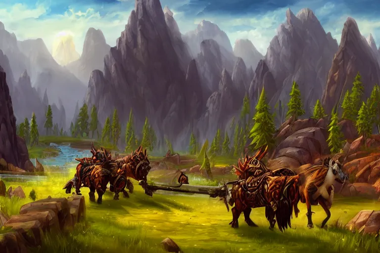 Prompt: world of warcraft environment with trees, rocky mountains and a river, horses, wooden chariots, beautiful, concept