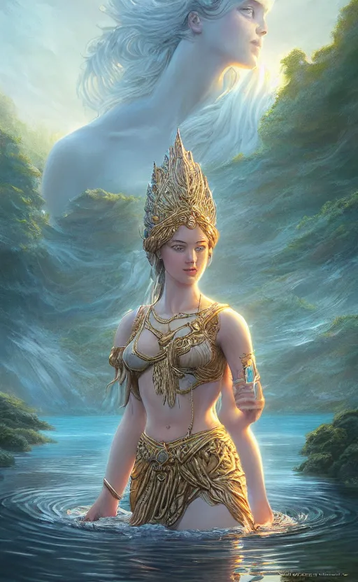 Image similar to the goddess of the lake, highly detailed, d & d, water everwhere fantasy, highly detailed, digital painting, trending on artstation, concept art, sharp focus, global illumination, ray tracing, illustration, art by artgerm and greg rutkowski and fuji choko and viktoria gavrilenko and hoang lap