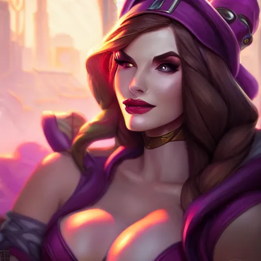 Image similar to portrait of Caitlyn from League of Legends, by Fortiche Studio, from Netflix's Arcane, trending on artstation,fine details, realistic shaded, fine-face, Steampunk city on the background, painted texture, pretty face,by Artgerm