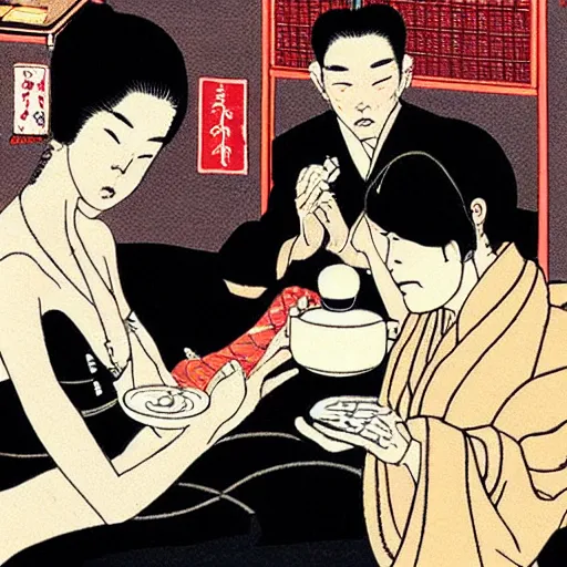 Image similar to Japanese beauty wrapped in a snake having tea with her husband by Toshio Saeki, high detailed