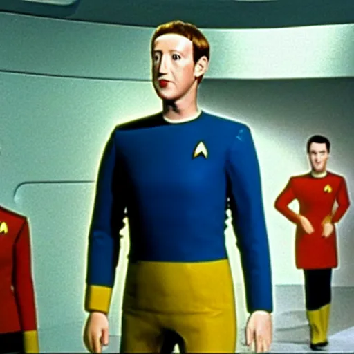 Image similar to a still of mark zuckerberg as data the android in star trek : the next generation ( 1 9 8 7 ), wearing a yellow star trek uniform