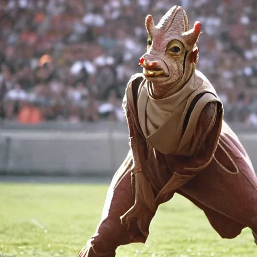 Prompt: jar jar binks doing football tricks