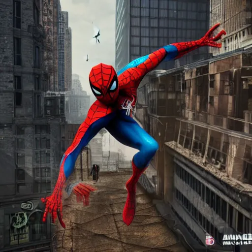 Image similar to a zombie spider - man jumping over buildings, 8 k, shallow depth of field, 8 k, ultra high detail, concept art,