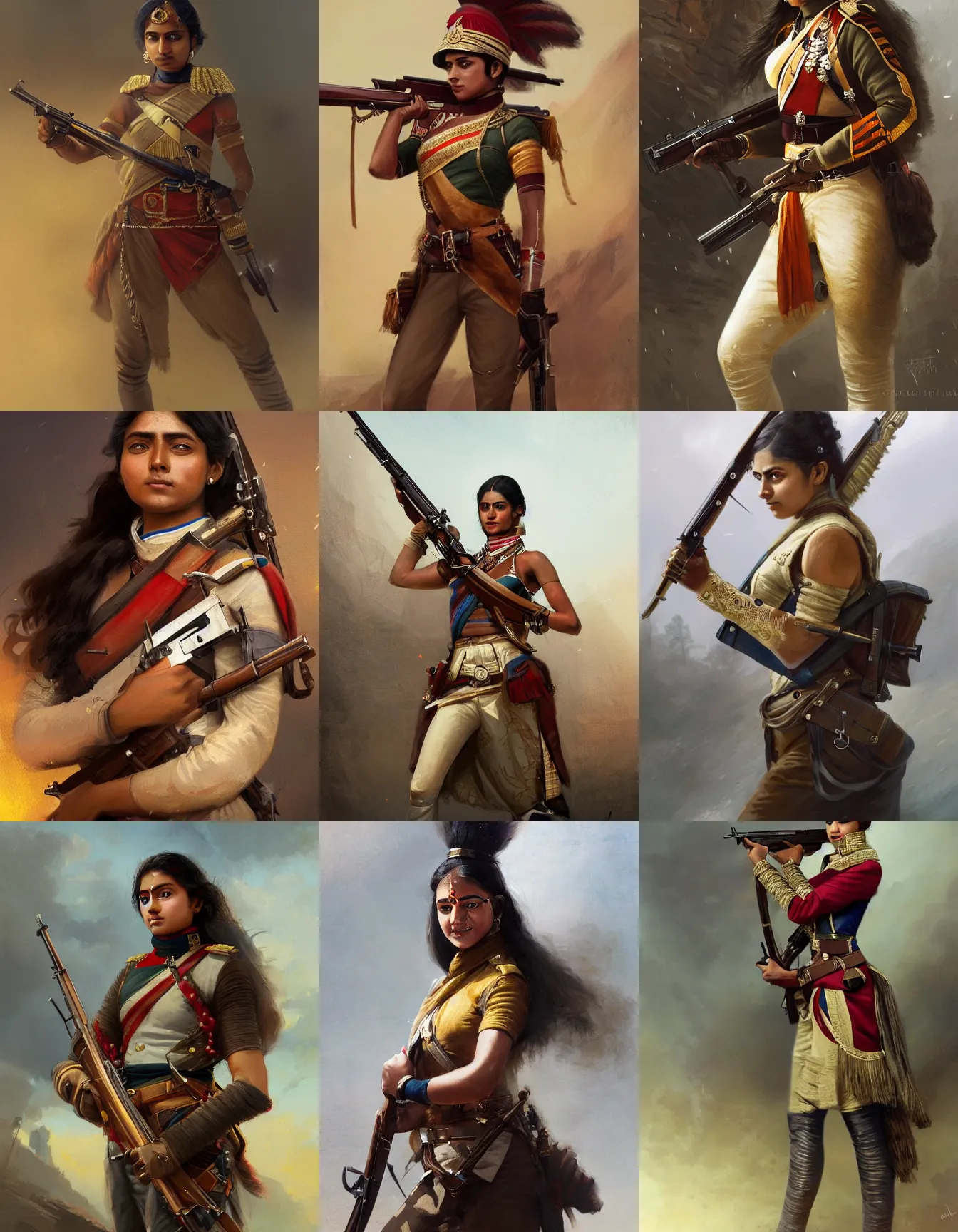 Prompt: young indian woman napoleonic grenadier, holding a rifle, strong, muscular, smiling, digital portrait by greg rutkowski, intricate, soft focus, highly detailed, cinematic, epic, artstation