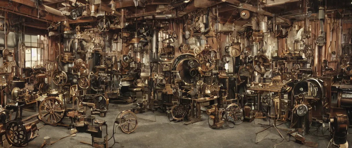 Image similar to movie still 4 k uhd 3 5 mm film color photograph of an steampunk workshop full of xix century differential machines