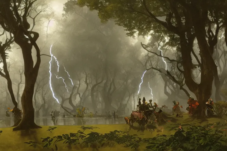 Image similar to a detailed illustration of a hurricane in the middle of central park, flying trees and park items, calamity, dark storms with lightning, 8 k, art by greg rutkowski and alphonse mucha and andreas rocha and albert bierstadt