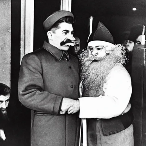 Image similar to stalin standing outside mcdonalds, dressed as santa, color historical photo