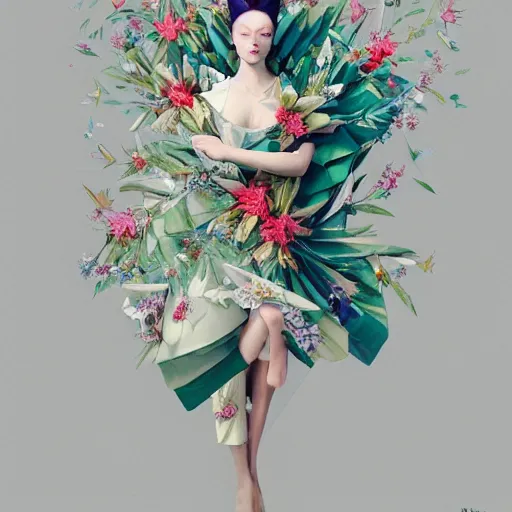 Image similar to 3 / 4 view of a beautiful girl wearing an origami dress, eye - level medium shot, fine floral ornaments in cloth and hair, hummingbirds, elegant, by eiko ishioka, givenchy, edward hopper, by peter mohrbacher, centered, fresh colors, origami, fashion, detailed illustration, vogue, high depth of field, japanese, reallusion character creator