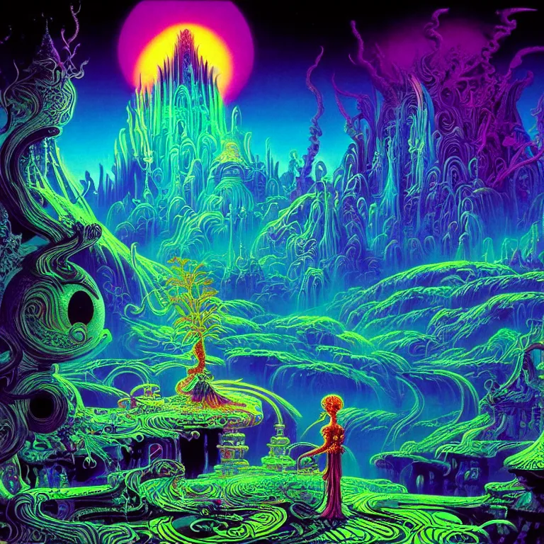 Image similar to mysterious eyeball hovers over mythical crystal temple, psychedelic waves, synthwave, bright neon colors, highly detailed, cinematic, eyvind earle, tim white, philippe druillet, roger dean, ernst haeckel, lisa frank, aubrey beardsley