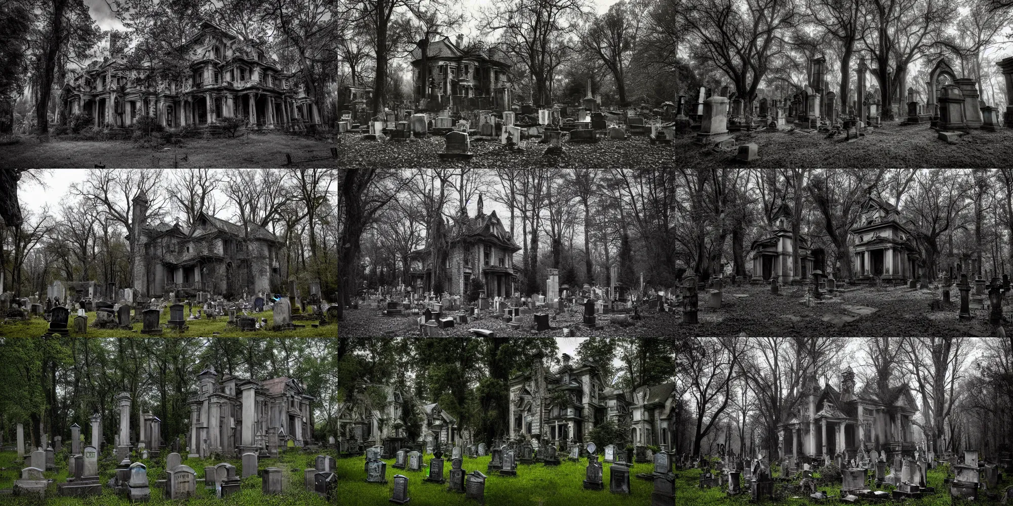 Prompt: A single creepy haunted mansion in the forest, cemetery, tombstones, bones, moody, creepy, horror, ominous, eerie