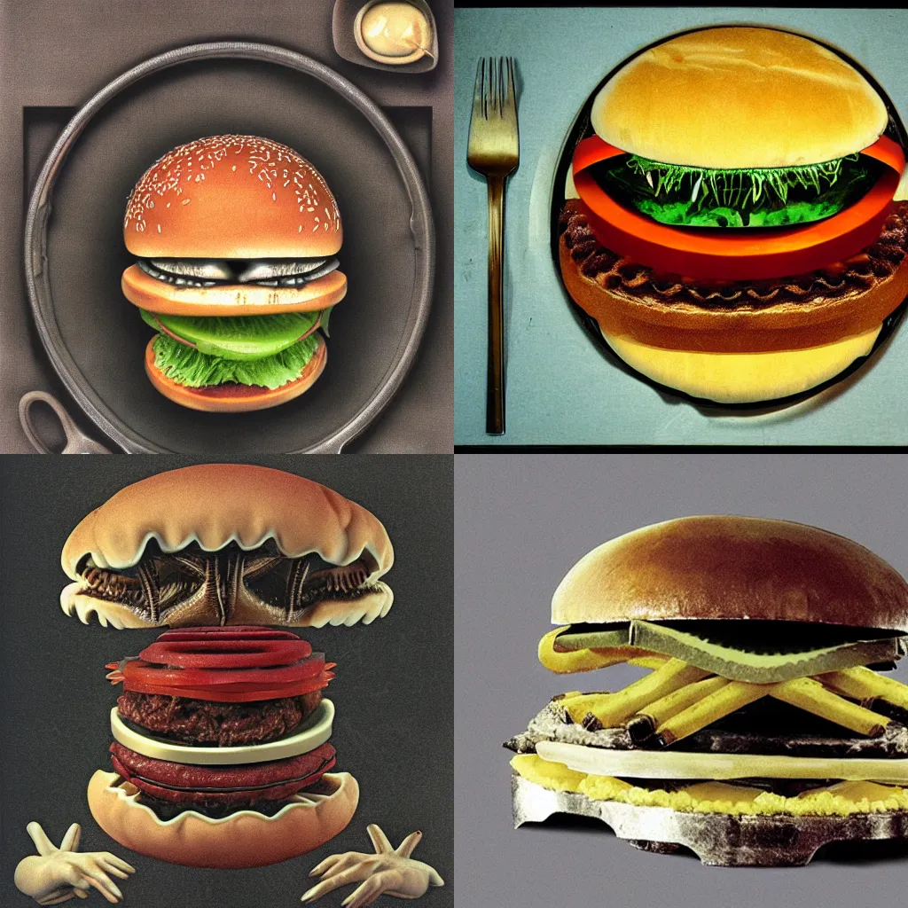 Prompt: hamburger designed by h. r. giger, horror photo, surreal