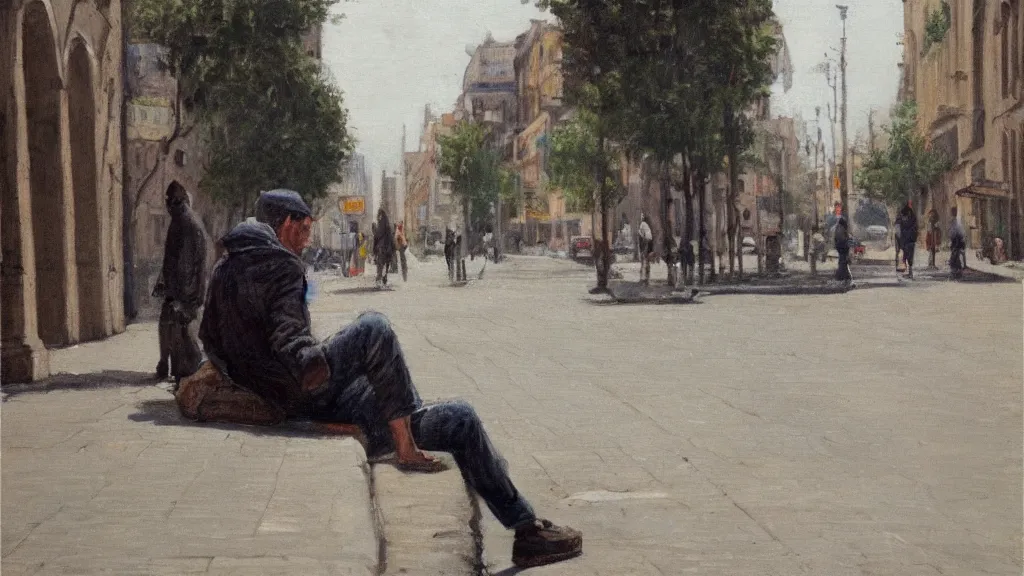 Prompt: man sitting in the street. realism