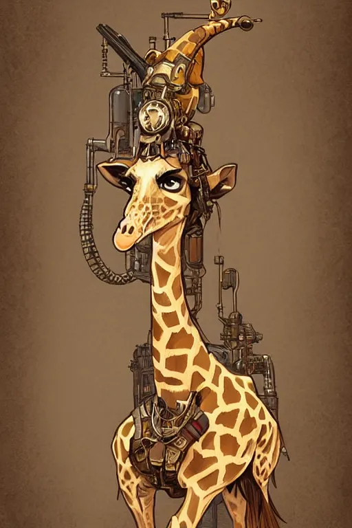 Prompt: anthropomorphic giraffe as steampunk half - cyborg, western gunslinger, high fantasy, dnd, smooth, sharp focus, illustration, highly detailed, digital painting, artstation, concept art, by disney animation, rossdraws, alphonse mucha, frank fanzzeta, collectible card art