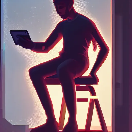 Prompt: young man looking at his phone sitting on a stool in a dark room with laser light, glistening skin, cyberpunk, art nouveau, dynamic lighting, high detail, concept art, artstation. by Paolo Eleuteri Serpieri