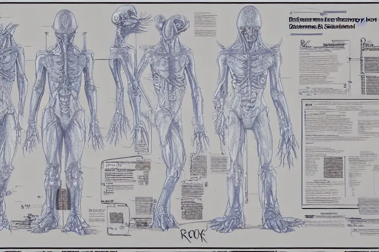 Image similar to Blueprint of alien boss, book, page, biology, detailed, artstation, cgsociety, Ralph McQuarrie and Greg Rutkowski