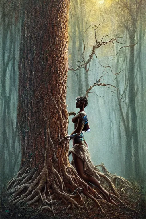 Prompt: hyperrealistic concept art very beautiful! black woman with detailed exoskeleton armor, touching tree in a forest, brad kunkle elson peter, dramatic blue light low angle hd 8k sharp focus masterpiece