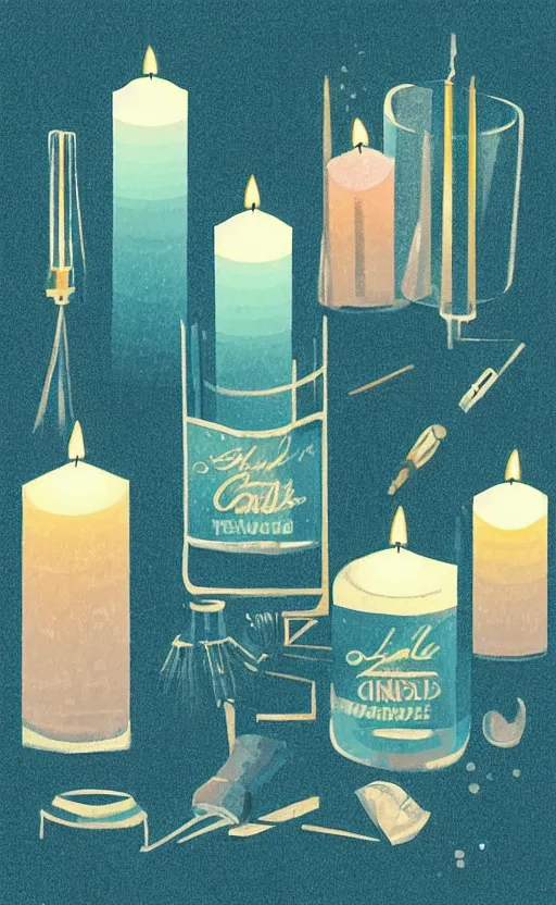 Image similar to illustration with a set of beautiful scented candles, close - up photo in cozy interior, candle lighting, glowing, pinterest, an art deco painting by tom whalen, trending on behance, art deco, digital illustration, storybook illustration, grainy texture, flat shading, vector art, airbrush, pastel, watercolor, poster