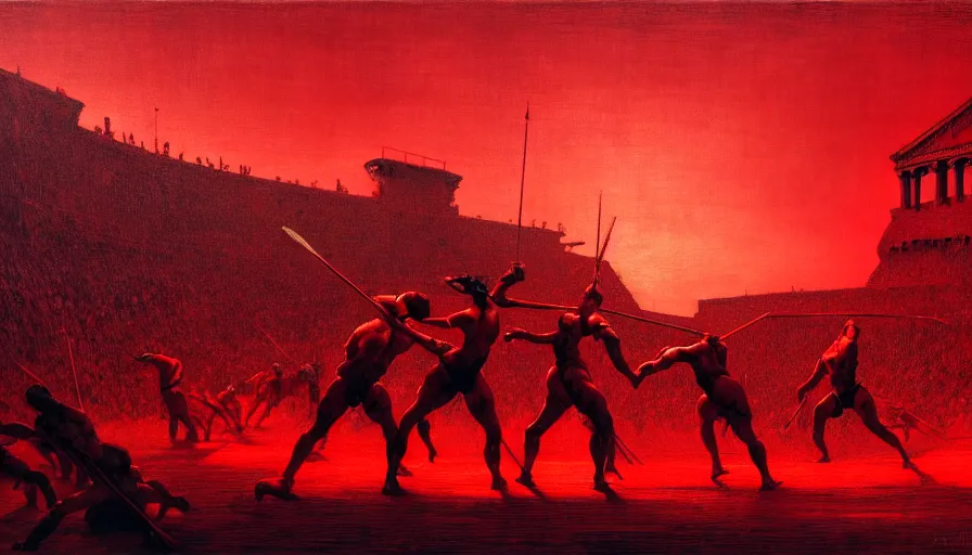 Image similar to only with red, gladiator battle in a crowded roman amphitheatre, crowd cheering, in the style of beksinski and edward hopper and rodcenko and yue minjun and cory loftis, intricate and epic composition, red by caravaggio, highly detailed, masterpiece, red light, artstation, art nouveau