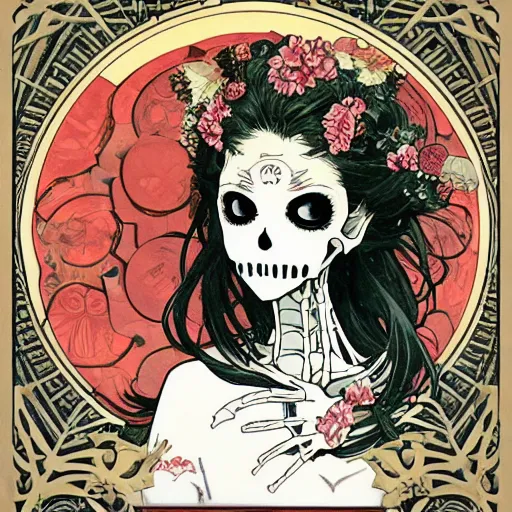 Prompt: anime manga skull portrait girl female skeleton illustration detailed art Geof Darrow and Phil hale and Ashley wood and Ilya repin alphonse mucha pop art nouveau