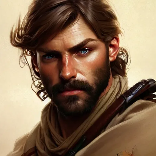 Image similar to Portrait of rugged male ranger, D&D, amber eyes, face, long hair, muscular, fantasy, intricate, elegant, highly detailed, digital painting, artstation, concept art, smooth, sharp focus, illustration, art by artgerm and greg rutkowski and alphonse mucha