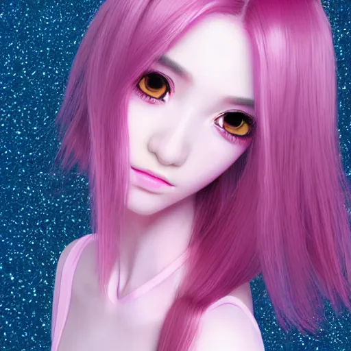 Prompt: of a 2 d girl with 3 d oil pink hair realistic eyes with minimal holographic features