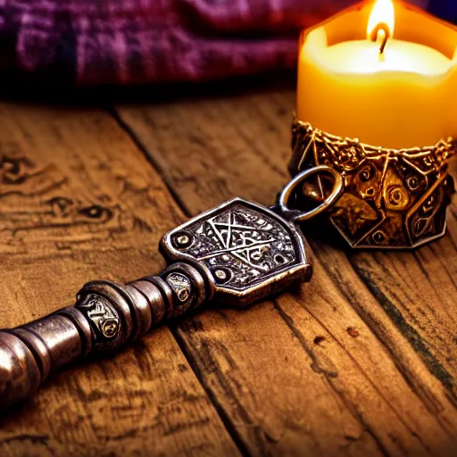 Prompt: a large ornate key with gems and engraved runes, on a rough wooden dungeon table, very little light, candlelit, d & d, underexposed macro photo