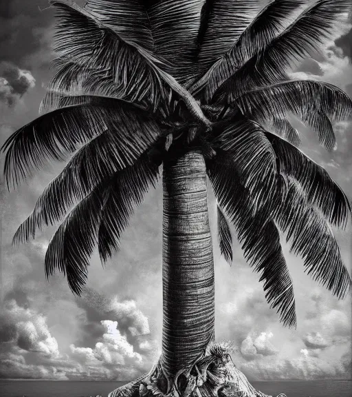 Prompt: coconut tree exposed to radiation and became monster coconut tree. realism art, high detailed, fine art, trending on artstation, smooth draw, perfect lightning, sharp focus.