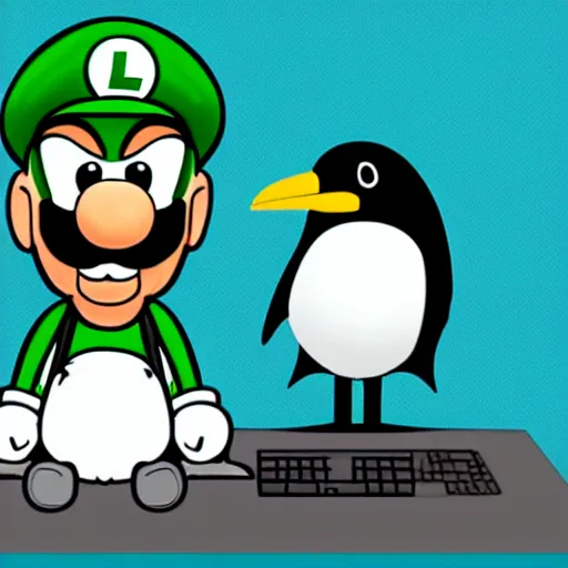 Image similar to luigi sitting next to penguin tux in front of a computer, cute digital art, 4 k