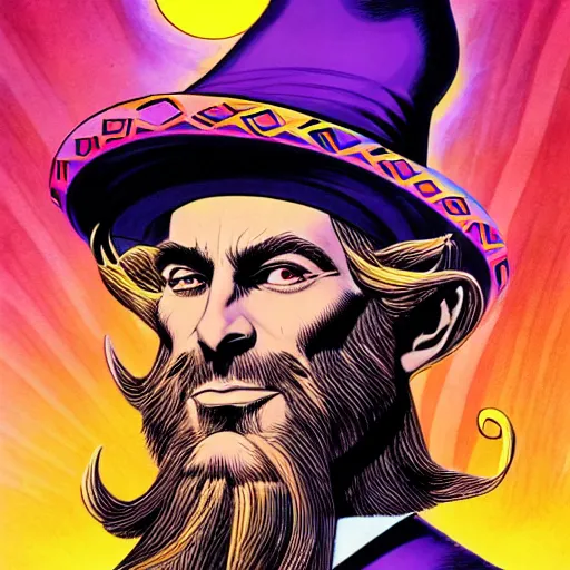 Image similar to a psychedelic wizard with a long beard and a fedora wizard hat, highly detailed comic book art by jack kirby, alex ross, 8 k