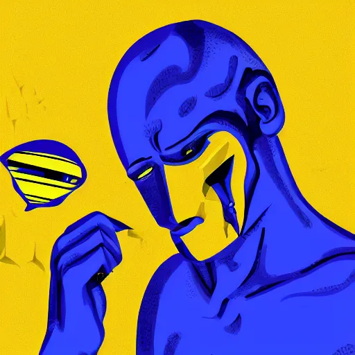 Image similar to human man that resembles a wasp morh in surreal sketch style, blue and yellow gradient, noise, ultrafine detail, hd 8k, logo illustration