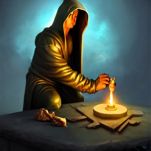 Image similar to a hooded cultist is stabbing a banana placed on an altar, in front of a stone statue of a forgotten god, by patrick mcenvoy and michael komarck and fantasy flight, incredible quality, trending on artstation