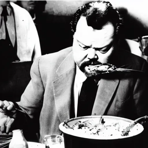 Prompt: Orson Welles eating crabs out of a bucket