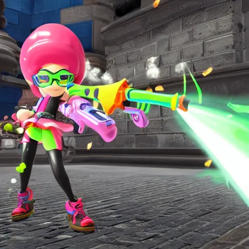 Prompt: 3 d game screenshot of splatoon inkling in bayonetta, high detail, high resolution