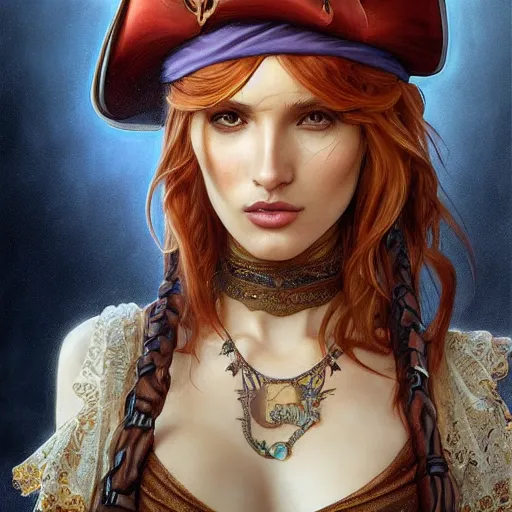 Image similar to ultra realistic illustration, bella thorne as pirate, intricate, elegant, highly detailed, digital painting, artstation, concept art, smooth, sharp focus, illustration, art by artgerm and greg rutkowski and alphonse mucha