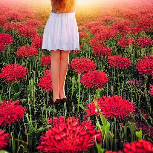 Prompt: full body snake head girl standing in a flower field, her head is hidden behind many snakes, surreal photography, sunrise, dramatic light