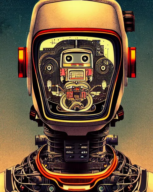 Prompt: robot, character portrait, portrait, close up, concept art, intricate details, highly detailed, sci - fi poster, retro future, in the style of katsuhiro otomo