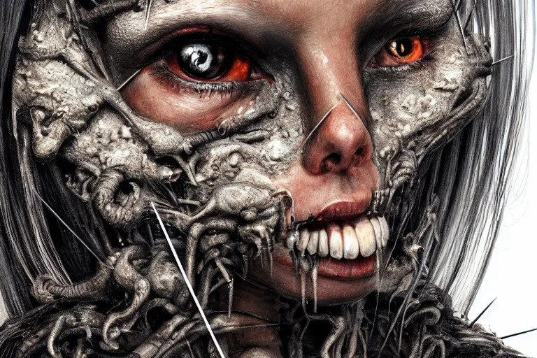 Image similar to A photorealistic portrait painting of a hideous woman with giant spider legs and hair needles crawling out of a volcano, illustration, detailed, award-winning, trending on artstation, 4k by H.R. Giger -1024