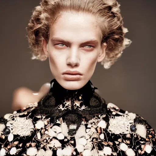 Prompt: close up of a fashion model in luxury dress, black background, official valentino editorial, highly detailed