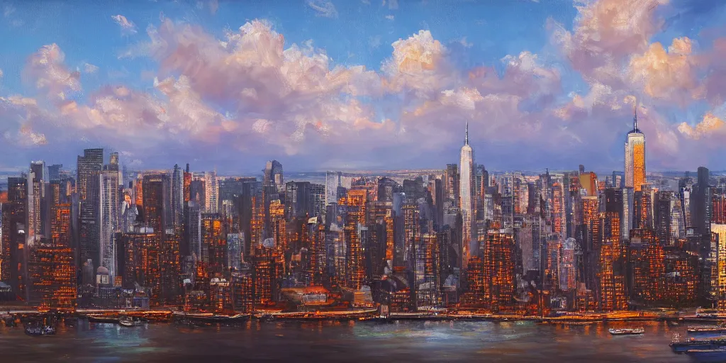 Image similar to NYC on a tropical island, cinematic lighting, detailed oil painting, hyperrealistic, 8k