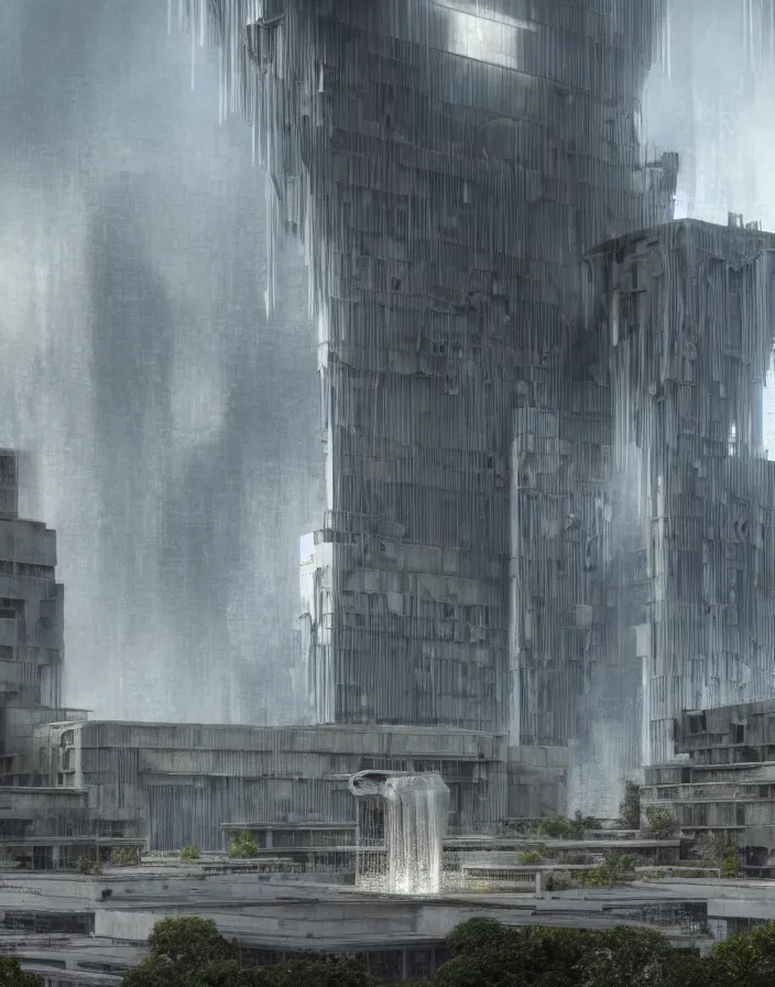 Prompt: Brutalist architecture buildings, next to a fountain and a mystical palace, hyperrealistic mixed media, stunning 3d render inspired art by P. Craig Russell and Barry Windsor-Smith + perfect facial symmetry + dim volumetric lighting, 8k octane beautifully detailed render, post-processing, extremely hyperdetailed, intricate futuristic mechanic parts, epic composition, grim yet sparkling atmosphere, cinematic lighting + masterpiece, trending on artstation