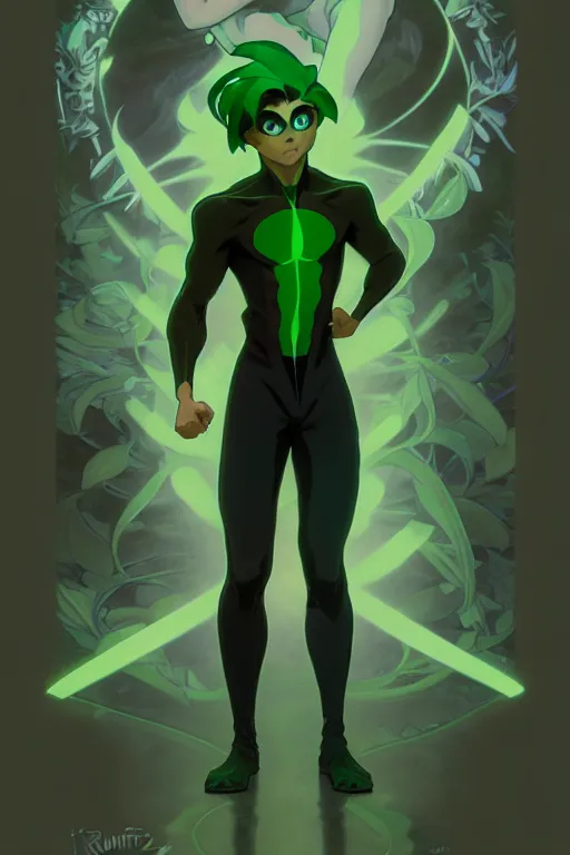 Image similar to a full body character design by artgerm, cushart krenz, greg rutkowski and alphonse mucha. young danny phantom!! glowing green eyes!! sharp teeth!! symmetrical background, face sharp edges. ultra clear detailed. 8 k. ultra detailed, elegant, intricate, octane render.