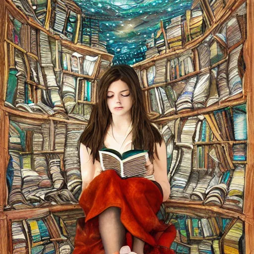 Image similar to full body pose, mixed media painting of a girl reading a book, extremely hyper - detailed, intricate, epic composition, very detailed, masterpiece, stunning,