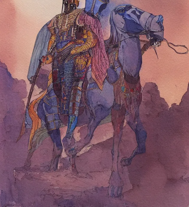 Image similar to a watercolor ink painting of a egyptian knight in the style of jean giraud in the style of moebius trending on artstation deviantart pinterest detailed realistic hd 8 k high resolution