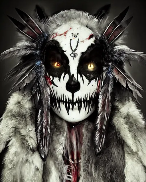 Image similar to wolf mutant ghost - spirit of the grim - warpaint wears the scarlet skull armor and native blood headdress feathers, midnight fog - mist!, dark oil painting colors, realism, cinematic lighting, various refining methods, micro macro autofocus, ultra definition, award winning photo, photograph by ghostwave - gammell - giger - shadowlord