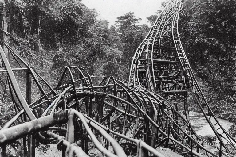 Image similar to a 1 9 0 5 colonial closeup photograph of a rollercoaster in a village at the river bank of congo, thick jungle, scary, evil looking, wide angle shot