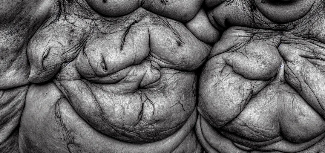 Prompt: a landscape photograph of a world made of greasy skin, folds of belly flab, skin, veins, bruises, scabs, warts, acne, highly detailed, wide angle lens, depth of field, DSLR, distance fog, even lighting, hdri