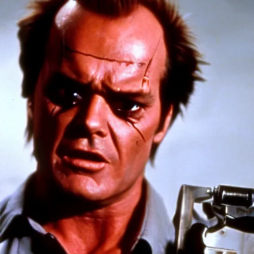 Prompt: Jack Nicholson plays Terminator, scene where his pikachu endoskeleton gets exposed