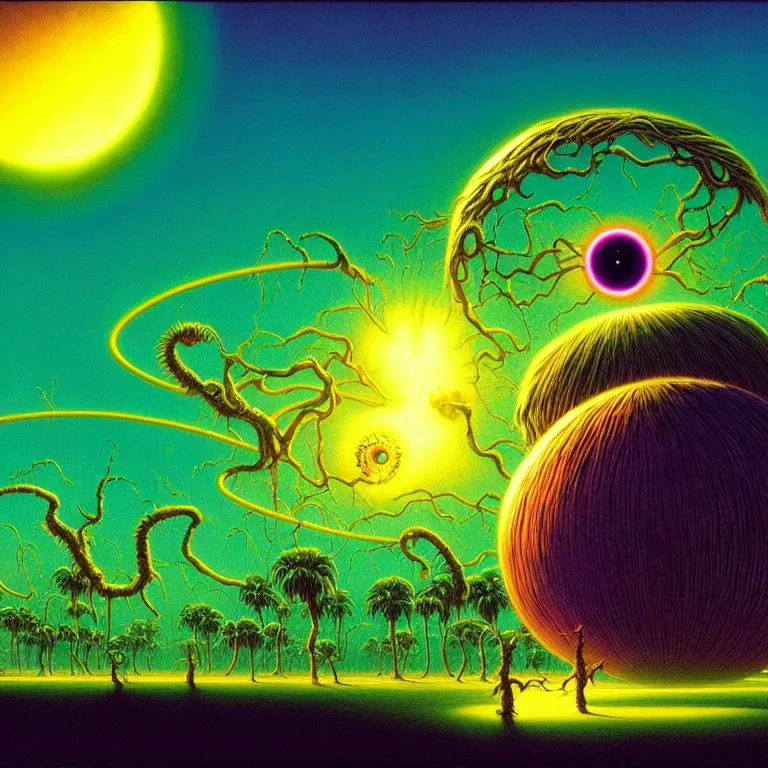 Image similar to eyeball in palm over glowing fields of infinite quantum ghosts, synthwave, bright neon colors, highly detailed, cinematic, tim white, vladimir kush, philippe druillet, roger dean, bob eggleton, michael whelan, boris vallejo, alfred kelsner, kubrick, jaroslaw jasnikowski